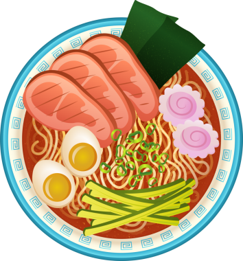 Ramen kasesi, şeffaf arka planda çorba, erişte ve domuz etiyle düz dizayn ediliyor. Japon mutfağı, mutfak, mutfak sunumu, geleneksel, buğulanmış, tuzlu, yemek çizimi