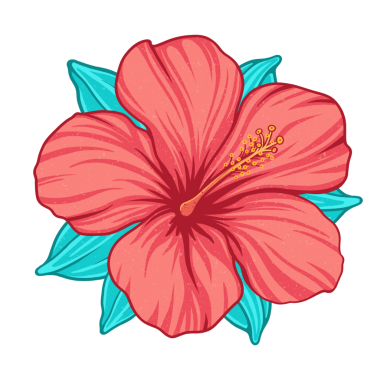 Şekil verilmiş kırmızı çiçek şeffaf arkaplanda düz dizayn edilmiş pistil polen ve mavi yaprakları gösteriyor. Botanik, çiçek, illüstrasyon, doğa, dekoratif, canlı, minimalist