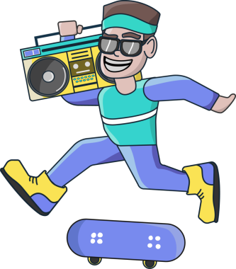 Çizgi filmci kaykayın üstünde düz dizayn edilmiş, şeffaf bir arka planda retro boombox taşıyor. Dinamik, enerjik, kentsel, canlı, nostaljik, boş zaman, hareket