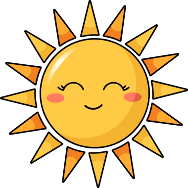 Düz çizgi film güneşi şeffaf arkaplanda gülümsüyor, sarı vücut ve turuncu ışınları gösteriyor. Neşeli, enerjik, minimalist, oyuncu, pozitif, grafik, resim