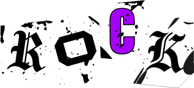 ROCK siyah harfi R ve K, sekizgen O, şeffaf arkaplanda mürekkep sıçraması olan mor C. Graffiti, soyut, modern, sanatsal, canlı, kentsel, tasarım