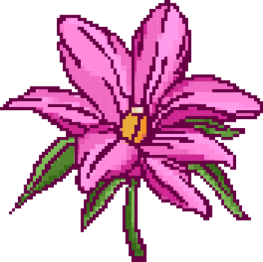 Pikselin pembe çiçekleri şeffaf tuval üzerinde gösteriliyor, sarı merkezli ve yeşil yapraklı. Piksel, simge, dijital, illüstrasyon, grafik, dekoratif, renkli