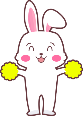 Çizgi film tavşanı şeffaf arka planda parlak sarı ponponlar ile tezahürat yapıyor. Neşeli, maskot, neşeli, canlı, animasyon, kutlama, motivasyon