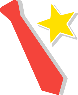 Vektör sanatı kırmızı kravat, sarı yıldız, beyaz çizgiler, şeffaf arkaplanda siyah gölgeler gösteriyor. Profesyonel, kurumsal, minimalist, geometrik, markalaşma, soyut, tasarım