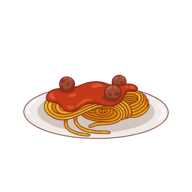 Makarna tabağı dolusu spagetti ve köfte açık arkaplanda parlak kırmızı sos gösteriyor. Yemek, yemek, illüstrasyon, yemek, gurme, günlük, canlı