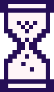 Şeffaf arkaplanda yüzen piksel sanat kum saati, koyu mor çizgiler ve krem dolgu. Piksel sanatı, zamanlayıcı, yükleme, retro tarzı, dijital simge, minimalist, tek renkli