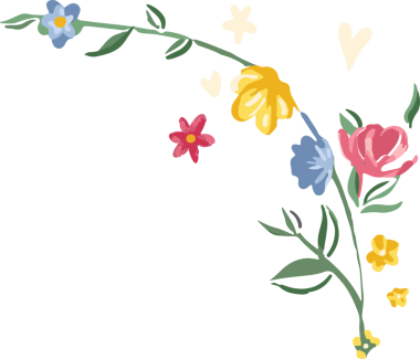 Çiçekli köşe düzenlemesi, şeffaf tuval üzerinde parlak çiçekler ve kalplerle yapılan eskizleri gösteriyor. Botanik, çiçek tasarımı, el çizimi, canlı, dekoratif, doğadan esinlenilmiş, romantik