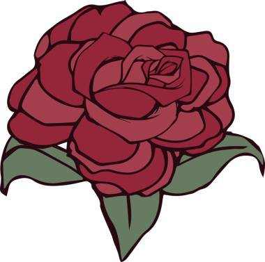 Kırmızı gül tomurcuğu katmanlı yapraklı, şeffaf arkaplanda yeşil yapraklı düz bir tasarım gösteriyor. Botanik, çiçek, illüstrasyon, vektör, grafik, doğa, zarafet