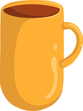 Vektör illüstrasyonunda sarı fincanın kavisli, kahverengi sıvının şeffaf arkaplanda olduğu görülüyor. Minimalist, canlı, rahat, içecek, seramik, modern, gündelik