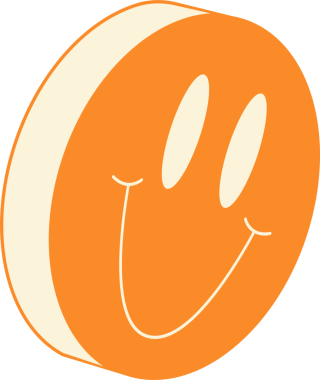 Şeffaf arka planda süzülen gülümseyen 3D disk, turuncu yüz ve krem gözler. Oyuncu, neşeli, canlı, çizgi film, minimalist, maskot, duygusal