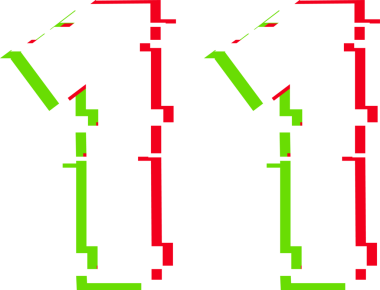 Saydam tuval üzerinde yüzen iki sayısal dijital arıza, kırmızı yeşil pikseller. Soyut, hatalı sanat, dijital tasarım, modern, neon, fütüristik, pikselli