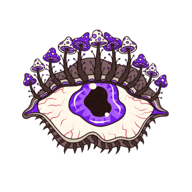 Mor mantarlı sürreal vektör göz kahverengi saplı şeffaf bir arka planda yüzüyor. Fantezi, yaratıcı, kavramsal, organik, tuhaf, canlı, sanatsal