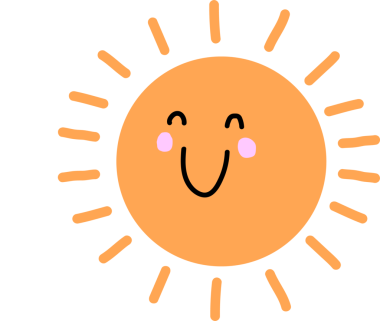 Gülümseyen güneş, şeffaf arkaplanda turuncu ışınlar ve kabarık bulutlarla parlıyor. Neşeli, canlı, çizgi film, illüstrasyon, hava, tarz, doğa