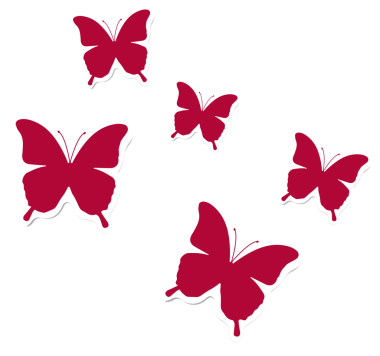 Düz dizaynlı, şeffaf arkaplanda yüzen beş soyut kelebek çıkartması. Siluetler, dekoratif, vektör, minimalizm, doğa, güzellik, tasarım