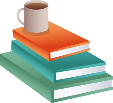 Şeffaf arka planda bej kahve fincanı içeren izometrik ciltli kitaplar gösteriliyor. Eğitim, okur yazarlık, çalışma alanı, minimalist, modern, gevşeme