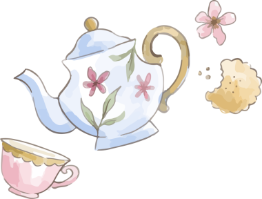 Çay fincanlı suluboya çaydanlık pembe çiçeklerle doludur, şeffaf arkaplanda çay sıçraması vardır. Suluboya, narin, çiçekli, lüks, zarafet, durgun hayat, estetik