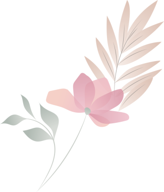 Düz dizayn pembe çiçekleri gösteriyor, bronzlaşmış yapraklar ve yeşil oval yapraklar, şeffaf arkaplan. Botanik, çiçek, doğa, minimalist, illüstrasyon, dekor, botanik sanat