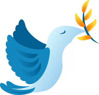 Şekil verilmiş mavi kuş, şeffaf arkaplanda düz eğimli altın yaprak dalı taşıyor. Vektör, ikon, doğa, amblem, ruhani, minimalist, barışçıl