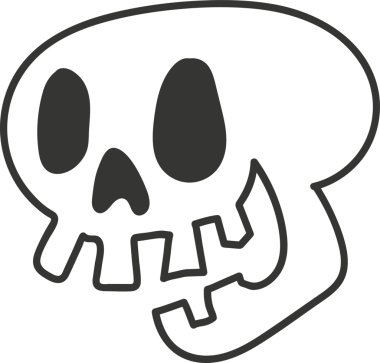 Minimalist karikatür tarzı kafatası havada süzülüyor, şeffaf arka planda göz çukurları ve dişleri gösteriyor. Koyu gri, soyut, çarpıcı, ürkütücü, çağdaş, keskin, tek renkli