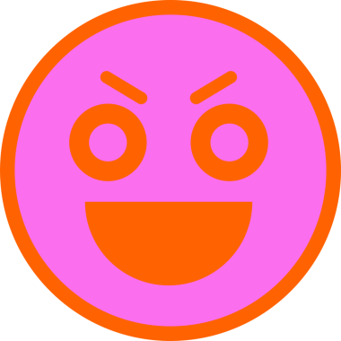 Yaramaz emoji yüzü düz bir şekilde sırıtıyor, pembe dolgu, turuncu kenar, şeffaf arka plan. Duygu, dijital sanat, neşeli, canlı, grafik tasarım, sosyal medya, anlamlı