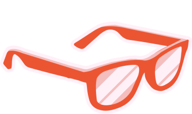 Kırmızı çerçeveli, pembe renkli lensli şeffaf arka planda, çıkartma stili güneş gözlükleri yüzüyor. Moda aksesuarları, grafik tasarımı, minimalist, vektör illüstrasyonu, markalaşma unsurları, yaz tarzı, oyuncu