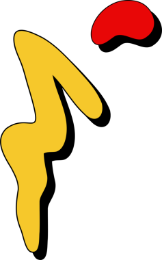 Büyük sarı damlalar ve daha küçük kırmızı damlalar kalın gölgelerle şeffaf düz bir dizayn üzerinde yüzüyorlar. Soyut, geometrik, minimalist, dijital sanat, çağdaş, canlı, illüstrasyon