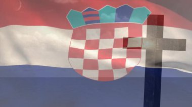 Demo için çapraz siluetin arkasında dalgalanan şiddetli rüzgâr dalgalanan Hırvat bayrağı. Vatanseverlik, milliyetçilik, kumaş, hareket, sembolizm, rüzgar, açık hava