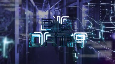 Veri akışları veri akışını göstermek için neon-mavi kablo metni oluşturarak BIG DATA darbe düğümleri oluşturuyor. Teknoloji, siber güvenlik, dijital, fütüristik, yenilik, analitik, ağ