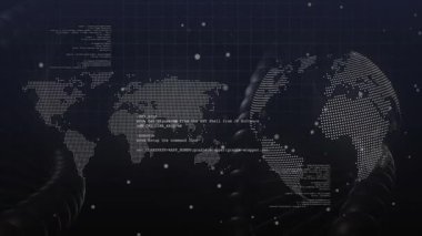 Karanlık UI görüntüleme haritası zayıflıyor ve kod kaydırma ile dönen dünya görselleştirici ağ bağlantıları. Teknoloji, veri, bağlantı, siber alan, dijital, yenilik, ağ
