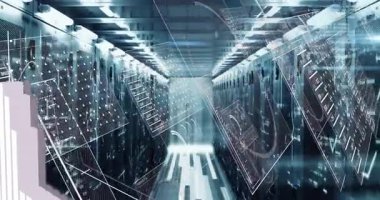 Oynatma sunucusunda, ağ düğümlerinin kaydığını ve sonra da analiz için çubuk grafiklerinin büyüdüğünü gösteren görüntüler var. Teknoloji, veri görselleştirme, siber güvenlik, dijital altyapı, analitik, fütürizm, ağ izleme