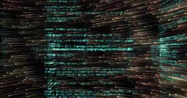 Turkuaz kod hatları ve altın noktalar ortaya çıkıyor panellerin akışına, görselleştirilmiş veri akışına neden oluyor. Fütürist, dijital, soyut, yenilikçi, teknoloji, canlı, dinamik