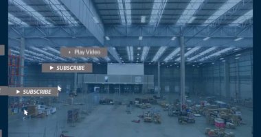 Depoyu taramaya başlayan kamera kaybolan kaybolan deponun üzerini örtüyor. Sanayi, depo, depo, lojistik, sahneleme, altyapı, otomasyon