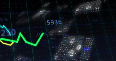 Sayısal paneller yüzerken şebeke aydınlanıyor ve veri eğilimlerini göstermek için çizgi grafikleri gelişiyor. Fütürist, dijital, teknoloji, analitik, soyut, yenilik, siber