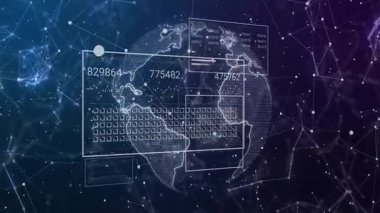 Parlayan düğümlerden sonra, dönen dünya kıtaları ortaya çıkarıyor ve küresel verileri gösteren panelleri güncelliyor. Soyut, fütüristik, sibernetik, veri görselleştirme, dijital, yüksek teknoloji, etkileşimli