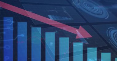 Kırmızı ok altında mavi sütunları olan dijital çubuk grafiği aşağı doğru kayarak sinyal azalıyor. Veri görselleştirme, performans ölçümleri, gösterge paneli tasarımı, analitik platform, modern arayüz, teknoloji, veri analizi