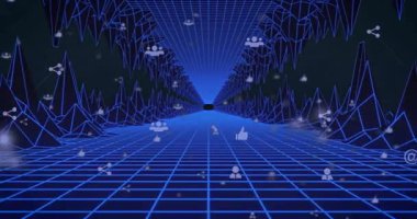 Sosyal medya simgeleri görüntüde kayboluyor. Ağ akışını gösteren mavi kablo tünel boyunca sürükleniyorlar. Dijital, fütüristik, dinamik, teknoloji, siber uzay, sürükleyici, yenilikçi