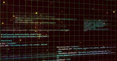 Yeşil ızgarada görünen sarı düğümler kod bloklarını kaydırıyor ve veri akışını hızlandırıyor. Fütürist, dijital, soyut, teknoloji, veri, ağ, yenilik