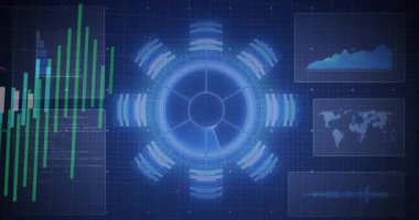 Veri akışını yeşil çubuklarla başlatan şebeke, içeriden veri entegre ederek merkeze aktarır. Teknoloji, veri görselleştirme, analitik, dijital arayüz, siber güvenlik, yenilik, fütüristik