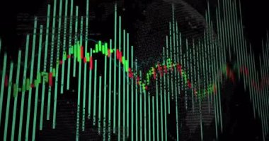 3 boyutlu çubuklar yükselen şamdan hattı çubuklar arasında zikzak çizerek ve dünyayı döndürerek uçuculuk gösteriyor. Finansal, veri, görselleştirme, dijital, analitik, küresel, pazar