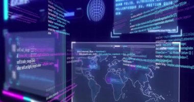 Kod paneli soldan kayarken dünya haritası yanıp sönen küresel düğümler verileri görselleştiriyor. Teknoloji, yenilik, veri, fütürizm, siber alan, analitik, dijital