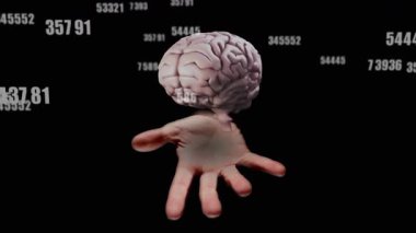 Sayısal kodlar boşluğa doğru sürükleniyor. Palmiye beyinleri ortaya çıkıyor. Dönüşümlü görselleştirme verileri. Nörobilim, veri görselleştirme, dijital, soyut, teknoloji, yenilik, fütüristik