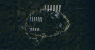 Karanlık şebeke beyin izleme işlemini başlatıyor. Sinir ağı, çubuklar kayıyor ve dünya simgeleri dönüyor. Teknoloji, veri, yenilik, yapay zeka, analitik, bağlantı, gelecekçilik