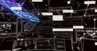 Sol dokuma ızgarasından çıkan mavi iplik veri gösteren mor-mavi bir şerit oluşturuyor. Teknoloji, veri görselleştirme, ağ, dijital arayüz, fütürizm, bağlantı, soyut