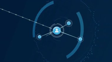 Kullanıcı simgesi bağlantı gönderiyor, asma kilit etrafında HUD halkaları oluşturuyor ve güvenli ağı genişletiyor. Siber güvenlik, dijital, bağlantı, ağ, güvenlik, arayüz, teknoloji