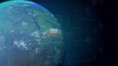 3D Dünya küresi karanlık arka planda beliriyor, kod kaydırma, asma kilit güvenli veri oluşturma. Dijital, fütüristik, dolambaçlı, teknoloji, güvenlik, sanal, yenilik