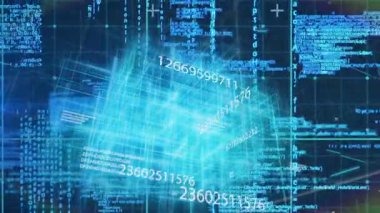 Küp kenarlarını takip eden çizgiler dönen küpü başlatırken sayılar veri kalıpları oluşturur. Dijital, geleceksel, soyut, teknoloji, yenilik, veri, siber