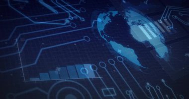 Şebeke oluşumundan sonra, üç boyutlu küre atım devreleri ile dönüyor ve çubukları dolduruyor, veri döngüsünü görselleştiriyor. Teknoloji, veri, ağ, dijital, yenilik, analitik, görselleştirme