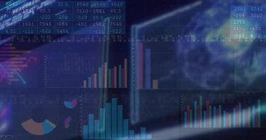 Bulanık masa animasyon çizelgelerini gösterge paneline kaydırarak başlayan finansal örtüşme. Analizler, veri görselleştirme, gösterge paneli, bilgi grafikleri, hareket grafikleri, finansal analiz, dijital arayüz