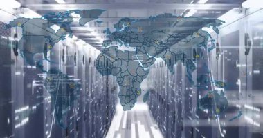 Harita silueti dolaplarda kayboluyor kod akışı başlıyor ve izleme için düğümler yanıp sönüyor. Teknoloji, siber güvenlik, fütüristik, veri görselleştirme, dijital, bağlantı, yenilik