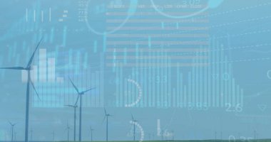 Yatay rüzgar türbinleri, açık gökyüzü altında çimenli düzlüklerde sanal veri örtüleriyle dönüyor. Yenilenebilir, sürdürülebilirlik, teknoloji, çevre, gelecekçilik, enerji, temiz